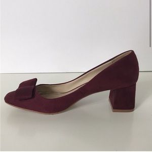 Zara Basics Womens Size 37 Bow Front Pump Burgundy Red Faux Suede Square Toe Low